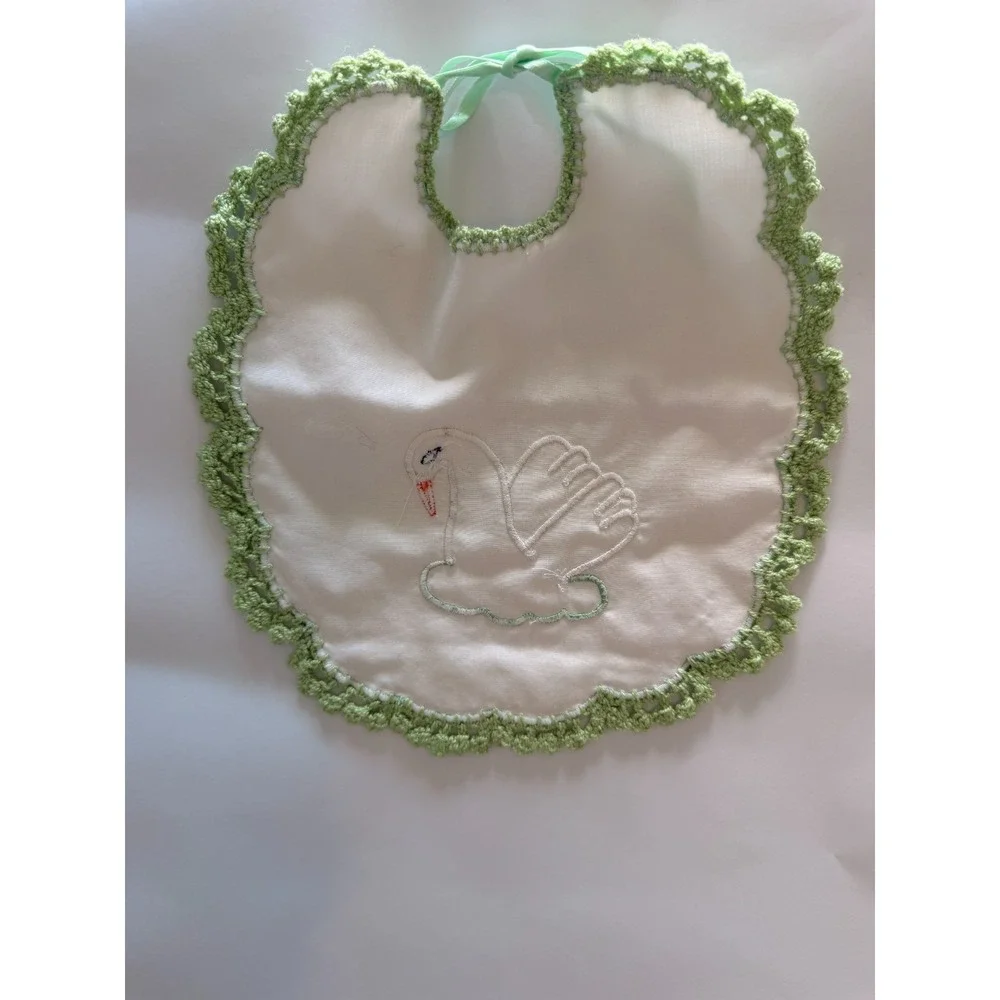Vintage Inspired Swan Baby Bib - Hand Crochet Edging & Ribbon Tie Boutique Baby